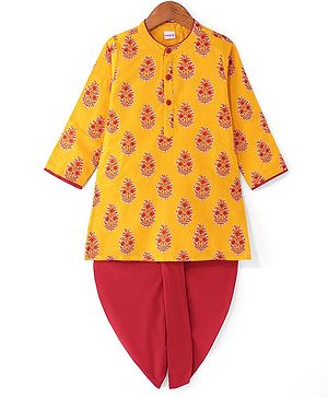 Babyhug Cambric Woven Full Sleeves Floral Printed Kurta Dhoti Set - Mustard & Maroon