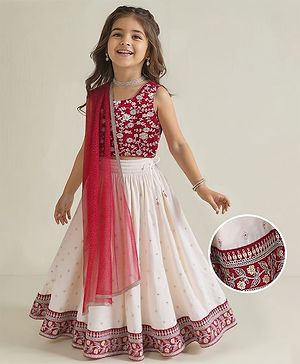 Babyhug Woven Sleeveless Floral Sequin  Embroidered Choli with Brocade Lehenga & Dupatta Set - Red & Off White