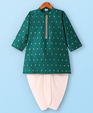Babyhug Woven Brocade Foil Printed Full Sleeves Kurta Dhoti Set - Dark Green
