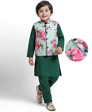 Babyhug Woven Full Sleeves Solid Color Kurta Pyjama Set with Floral Printed Nehru Jacket - Dark Green
