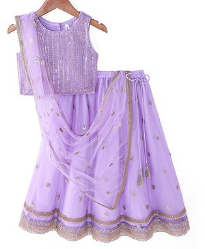 Babyhug Woven Sleeveless Sequined Embroidered Choli Lehenga Set with Net Dupatta & Lace Detailing - Lilac