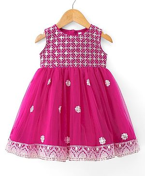 Babyhug Woven Sleeveless Sequin Embroidered Ethnic Dress - Fuschia