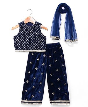 Babyhug Woven Sleeveless Top Palazzo & Dupatta Set with Sequin Embroidery - Navy Blue