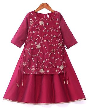 Babyhug Woven Full Sleeves Floral Embroidered Ethnic Dress - Fuschia