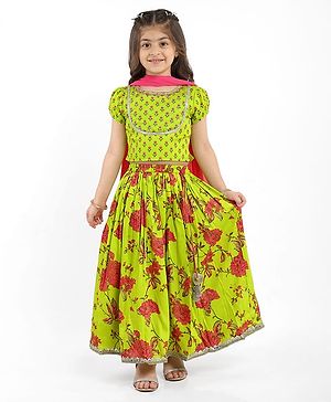 Babyhug  Woven Half Sleeves Choli Lehenga Set & Dupatta with Sequin Floral Print & Lace Detailing - Limegreen
