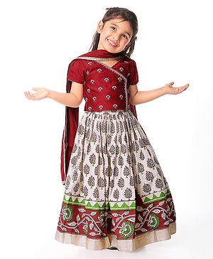 Babyhug Short Sleeve Angarakha Embroide Choli with Printed Lehenga & Dupatta Set- Maroon & White