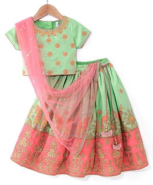 Babyhug Chanderi Woven Short Sleeves Floral Embroidered Choli Lehenga & Dupatta Set- Sea Green