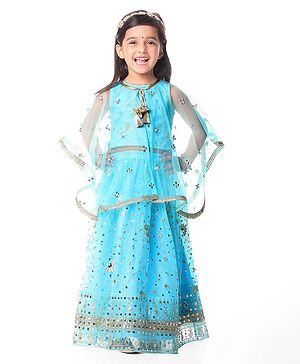 Babyhug Woven Sequin Embroidered Choli Lehenga Set with Half Sleeves Poncho - Sky Blue
