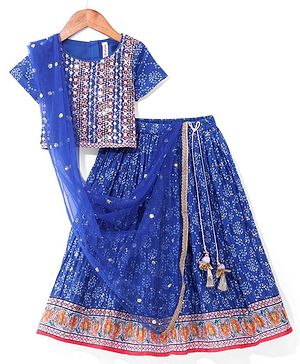 Babyhug Woven Half Sleeves Sequin Embroidered Bandhani Printed Choli & Crushed Lehenga Set with Dupatta & Tassle Detailing - Royal Blue