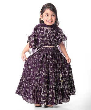 Babyhug Woven Half Sleeves Floral Printed Choli Lehenga Set with Dupatta - Purple