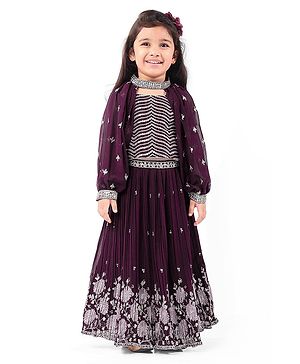 Babyhug Crepe Silk Pleated Sequinned Embroidered Choli & Lehenga Set with Detachable Full Sleeves - Wine