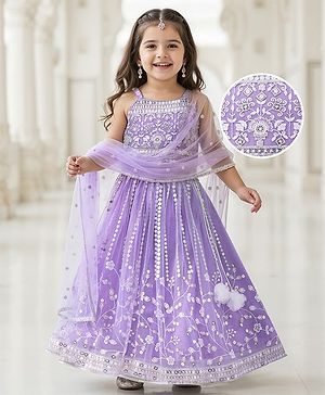 Babyhug Net Woven Sleeveless Singlet Sleeves Sequinned Floral Embroidered Lehenga Choli & Dupatta Set- Lilac