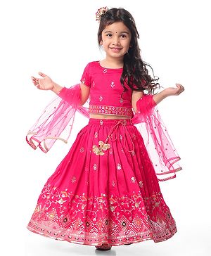 Babyhug Woven Short Sleeves Sequin Embroidered Choli With Lehenga & Dupatta Set Tassle Detailing - Dark Pink