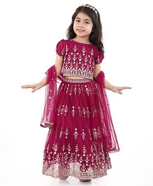 Babyhug Woven Half Sleeves Sequin Embroidered Choli Lehenga Set with Dupatta - Wine