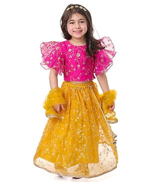 Babyhug Woven Flutter Sleeves Floral Net Embroidered Choli Lehenga & Dupatta Set - Yellow & Pink