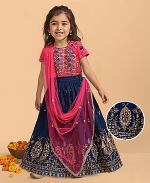 Babyhug Woven Half Sleeves Sequinned & Floral Embroidered Choli With Lehenga & Dupatta - Dark Pink & Navy Blue