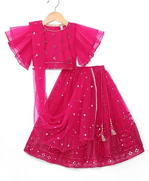 Babyhug Woven Flutter Sleeves Sequin
                              Embroidered Choli Lehenga & Dupatta
                              Set with Tassle Detailing - Fuschia
