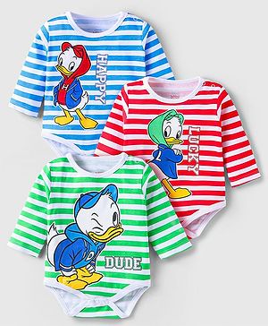 Babyhug Disney Interlock Knit Full Sleeves Striped Onesies with Donald Duck Print Pack of 3 - Red White & Blue