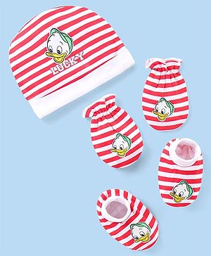 Babyhug Disney Interlock Knit Striped Cap Mittens & Booties Set with Donald Duck Graphics - Red & White
