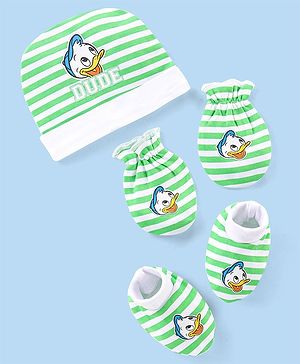 Babyhug Disney Interlock Knit Striped Cap Mittens & Booties Set with Donald Duck Graphics - Light Green & White