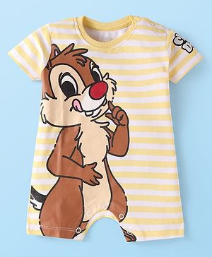 Babyhug Disney Interlock Knit Half Sleeves Rompers with Chip N Dale Graphics - Yellow & Brown