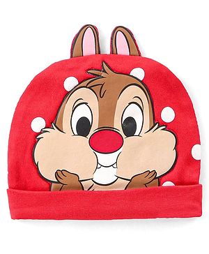 Babyhug Disney Interlock Knit Cap with Chip N Dale Applique & 3D Ear Detailing  - Red