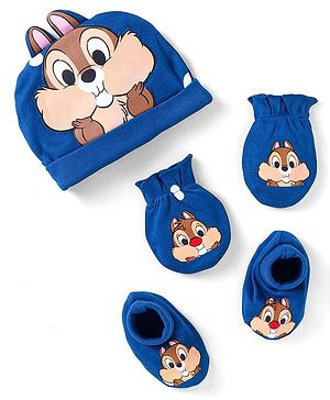 Babyhug Disney Interlock Knit Cap Mittens & Booties With Chip n Dale Applique & 3D Ear Detailing - Navy Blue