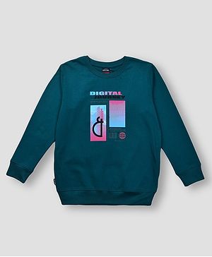 GINI & JONY Full Sleeves Digital Journey Text Printed Sweatshirt - Teal Blue