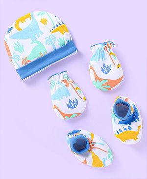 Babyhug 100% Cotton Knit Cap Mittens & Booties with Dino Print - White & Blue