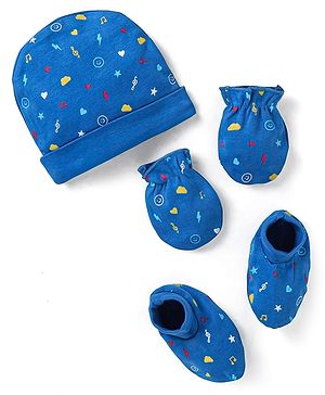 Babyhug 100% Cotton Emoticons Printed Cap Mittens & Booties - Blue