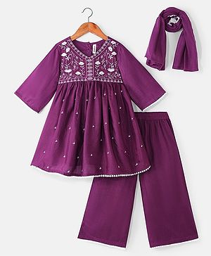 Babyhug Woven Three Fourth Sleeves Floral Embroidery at Yoke  Kurti Palazzo Set with Dupatta - Wine