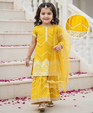 Babyhug Georgette Woven Half Sleeves   Embroidered Kurti Gharara Co-Ord Set with Dupatta - Yellow