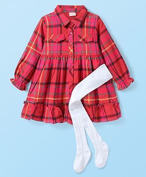 Babyhug Cotton Woven Full Sleeves Front Open Checkered Frock with Leggings - Red