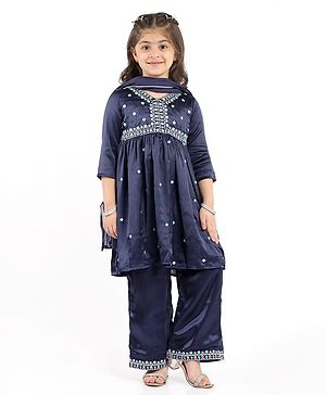 Babyhug Woven Three Fourth Sleeves Kurta Palazzo Set With Dupatta & Floral Embroidery - Navy Blue