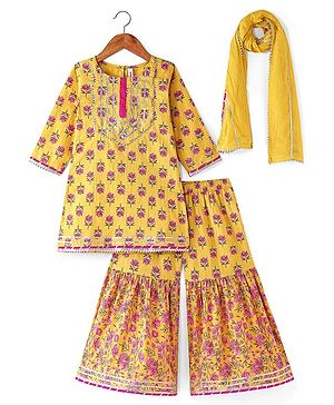 Babyhug Woven Three Fourth  Sleeves Floral Cambric Printed Kurti Gharara & Dupatta Set  - Yellow