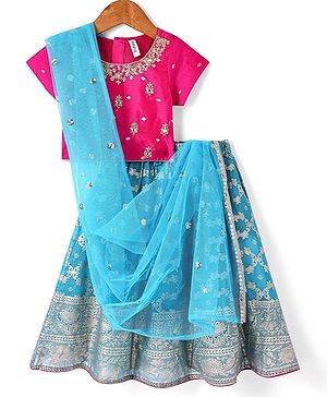 Babyhug Woven Short Sleeves Sequined Embroidered & Foil Floral Printed Choli Lehenga Set with Dupatta & Lace Detailing - Light Blue