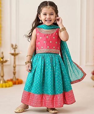 Babyhug Woven Sleeveless Choli Lehenga & Dupatta Set with Foil Print - Pink & Aqua Blue