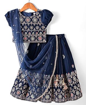 Babyhug Woven Short Puffed Sleeves Floral Embroidered Choli With Lehenga & Dupatta Set - Teal Blue