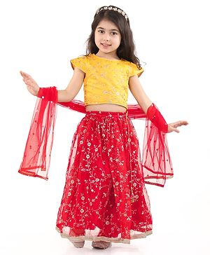 Babyhug Woven Half Sleeves Floral Net Sequin Embroidered Choli Lehenga & Dupatta Set with Tassle Detailing - Yellow & Red