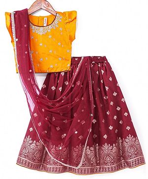 Babyhug Woven Frill Sleeves Floral Sequin Embroidered Choli Lehenga & Dupatta Set with Tassle Detailing - Red & Yellow