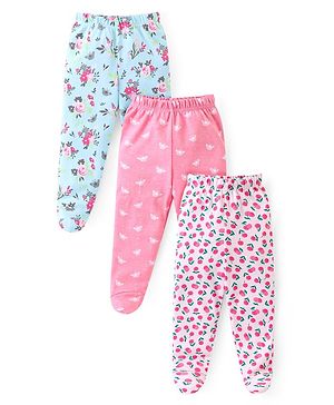 Babyhug Interlock Cotton Knit Bootie Leggings with Floral Print Pack of 3 - Pink & Aqua Blue