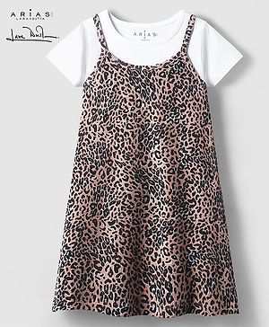 Arias Cotton Elastane Stretchable Waffle Knit Leopard Printed Frock With Half Sleeves Inner Tee - Brown & White