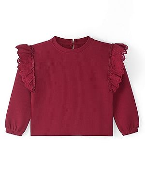 Arias Structure Knit Full Sleeves Solid Colour Party Top with Frill Detailing - Maroon