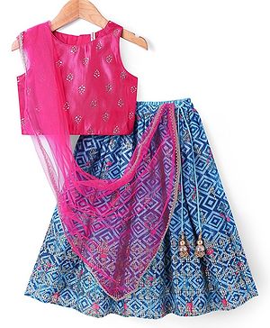 Babyhug Woven Sleeveless Floral Foil Printed Choli Lehenga Set with Dupatta & Tassel Detailing - Pink & Blue