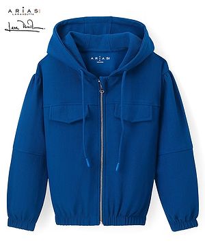 Arias  Knit Full Sleeves Front Open Hooded Sweatjacket with Pocket Detailing - Blue