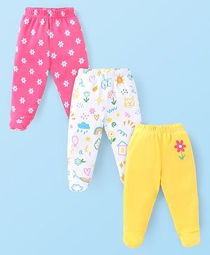 Babyhug Interlock Cotton Knit Bootie Leggings Floral Print Pack of 3 - Pink Yellow & White