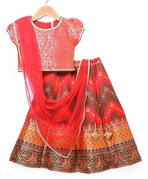 Babyhug Woven Half Sleeves Brocade  Choli Lehenga & Dupatta Set - Orange