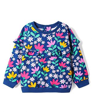 Babyhug Cotton Knit Full Drop Shoulder Sleeves Floral Printed Sweatshirt with Frill Detailing - Navy Blue