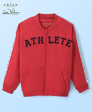 Arias Cotton Brushed Terry Front Open Bomber Jacket With Text Embroidery - Red