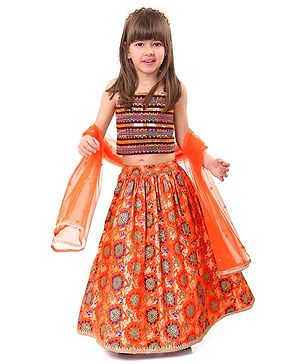 Babyhug Singlet Sleeves Sequinned Choli with Brocade Lehenga & Dupatta Set - Orange